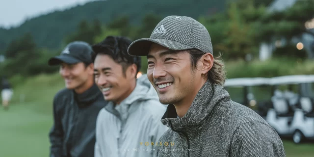 小牧市久保一色在住の40代男性ゴルファーが、同伴者と談笑している様子を切り取ったバストアップ写真。気を遣わず自然体で楽しむ小牧市のゴルフ風景。