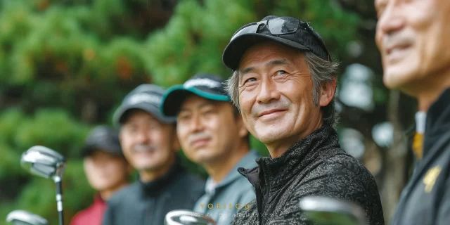 八幡平市松尾地区のフェアウェイ近くで、40代前後の男性ゴルファーが並び、バストアップで余裕のある表情を見せる実践的なゴルフ仲間の一コマ