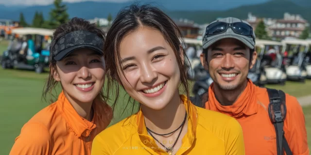 名取市周辺のコースでプレー後、フェアウェイ脇でゴルフウェア姿の男女ゴルファーが距離感近めのバストアップで並んでいる様子