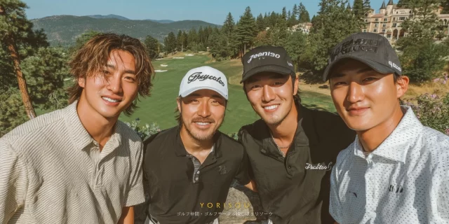 岩沼市館下エリアのゴルフ場で、ラウンド合間に並んで立つ30代〜40代の男女ゴルファーがバストアップで写っている様子