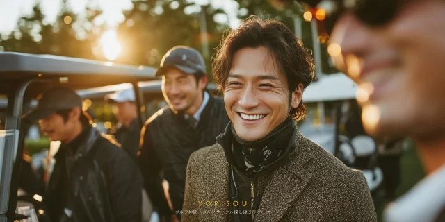 船橋市薬円台エリアのゴルファーが、夕方のラウンド後に仲間と合流しバストアップで自然な笑顔を見せている様子