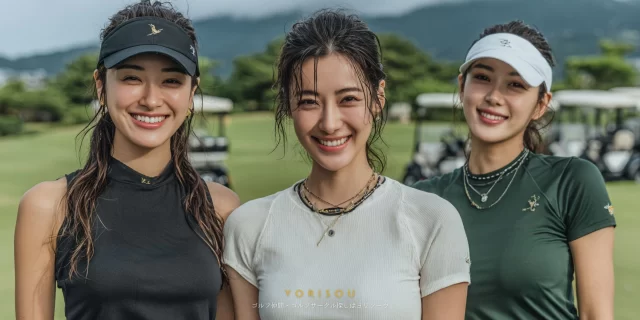 三条市下田エリア方面のゴルフ場で、複数の男性ゴルファーが横並びに立ち、バストアップで遠くのコースを眺めている様子