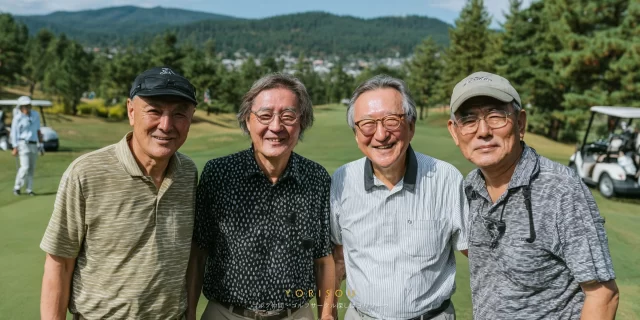 世田谷区成城二丁目周辺のゴルフ場で、60代前後の男性ゴルファー4人がゴルフウェア姿で並び、ラウンド後に穏やかに微笑んでいる様子