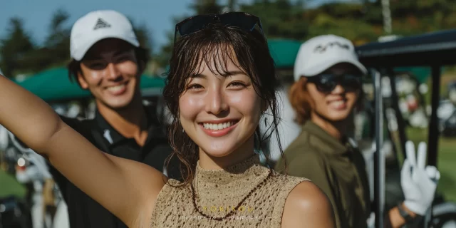 さいたま市北区近郊の丘陵コースで、ゴルフウェア姿の男女3人がバストアップで写り、ラウンドの合間にリラックスしている様子