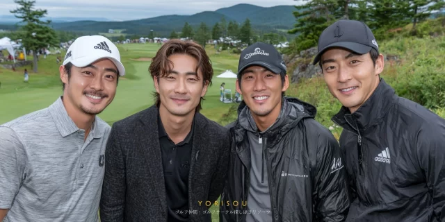 岐阜市長良川沿いのゴルフ場で、30代40代の男性ゴルファーがラウンド中に並んで撮影した一枚