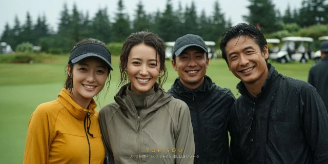 大田区久が原四丁目周辺から参加した、40代〜50代の男女ゴルファーが、ゴルフラウンド中にナイスショットを祝ってチーム感あふれる表情を見せている様子