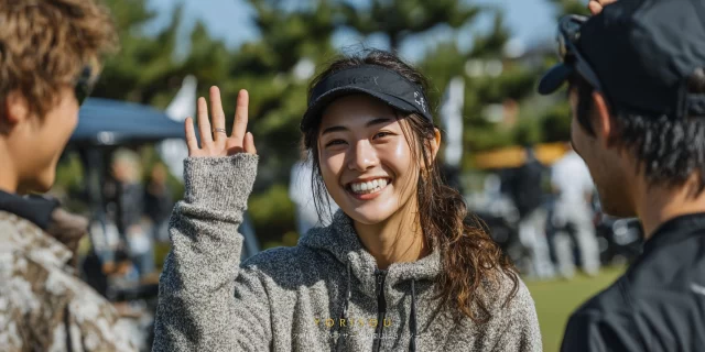 和歌山市つつじが丘エリアのゴルフ場で、40代女性ゴルファーがゴルフウェア姿で仲間と挨拶を交わす瞬間のバストアップ写真
