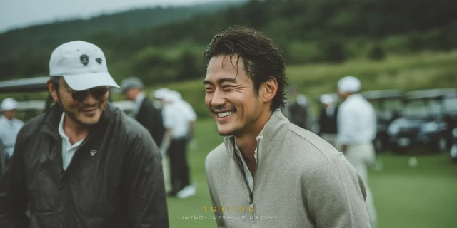 松山市北条辻エリアのゴルフ場にて、40代男性ゴルファーが同伴者と会話を楽しみながら、リラックスした雰囲気で写るバストアップ写真