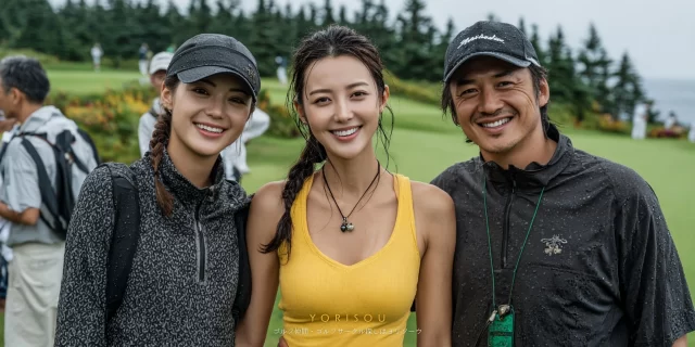 那覇市泊エリアのゴルフ場で、女性ゴルファーがハイタッチを交わしながら楽しそうに笑うゴルフウェア姿のバストアップ写真