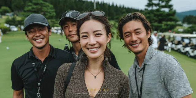 八尾市桜ヶ丘エリア在住のゴ笑顔を向けるゴルフウェア姿のバストアップ写真