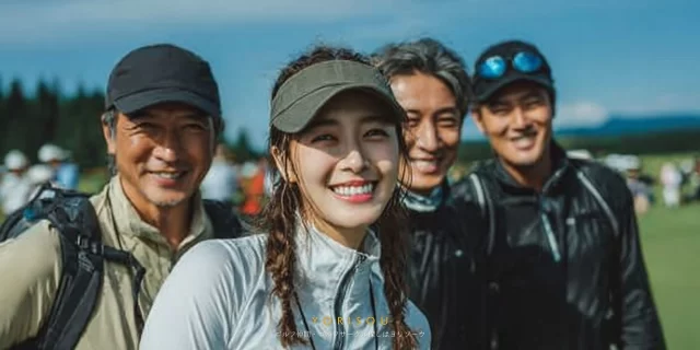 岸和田市八阪町方面から集まった男女ゴルファーが、プレー後に自撮りで撮影した、和やかな雰囲気のゴルフウェア姿バストアップ写真