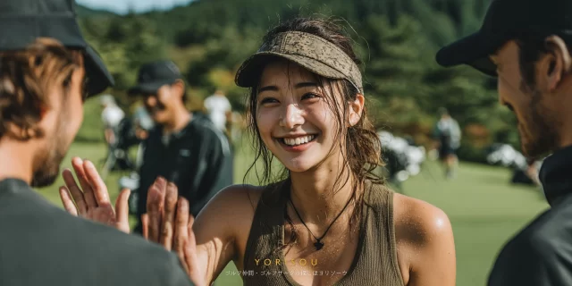 福岡市早良区賀茂エリア周辺のゴルフ場で、女性ゴルファーが仲間とハイタッチを交わしながらバストアップで明るく笑っている様子