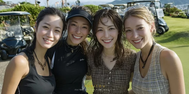 春日井市神領町エリアから集まった女性ゴルファー4人が、ゴルフウェア姿でバストアップ、ラウンド中に明るい笑顔を見せている様子