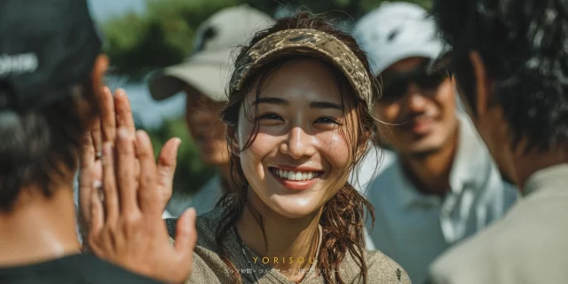 海老名市東柏ケ谷在住の30代男性ゴルファー4人が、ラウンドの合間にバストアップで集まり、気負わない関係性が伝わる自然な笑顔を見せている。