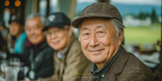 燕市吉田エリアのゴルフ場で、パッティング前に相談する40代男性ゴルファー2人の落ち着いたバストアップ写真