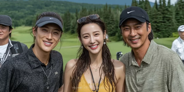 練馬区桜台二丁目エリアから参加した、30代の3人がゴルフウェア姿でラウンド後に笑顔を見せている様子