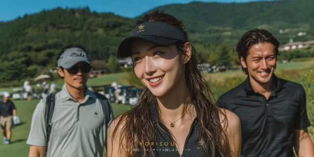 松江市のゴルフ場で、小雨の中ゴルフウェア姿の30代〜40代男性ゴルファーがリラックスしているバストアップ写真