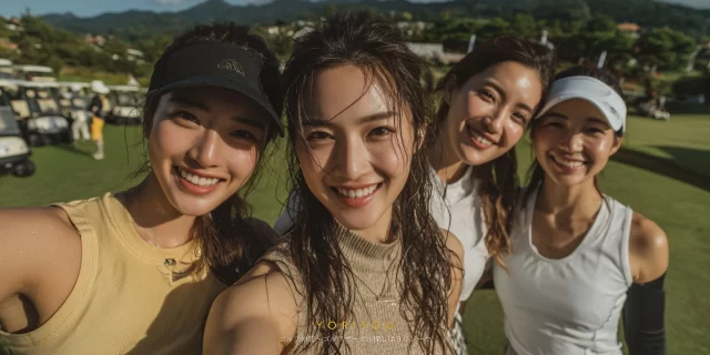 福山市松永町方面のゴルフ場で、ラウンド後に並んで記念撮影をする40代〜50代男性ゴルファーのバストアップ写真