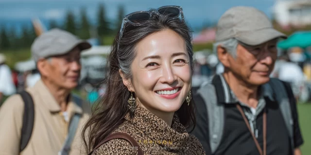 熊本市北区方面のゴルフ場で、50代前後の女性ゴルファーが仲間と並び、ゴルフウェア姿でバストアップの自然な笑顔を見せている様子