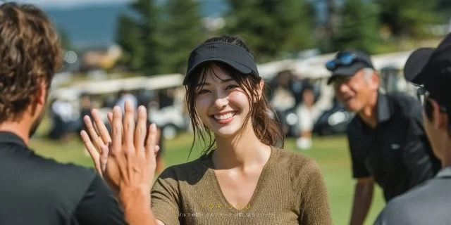 宮崎市佐土原町のゴルフコースで、40代男性ゴルファーが仲間と視線を交わしながら自然に笑顔を見せているバストアップ写真