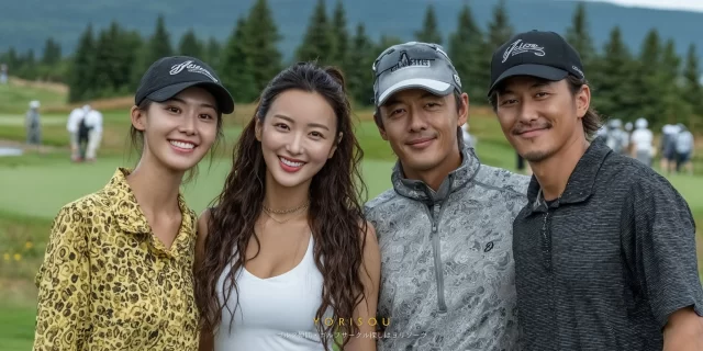 那覇市国場方面のゴルフ場で、30〜40代男性ゴルファー4人が肩を並べ、仲の良さが伝わる雰囲気で写るバストアップ写真