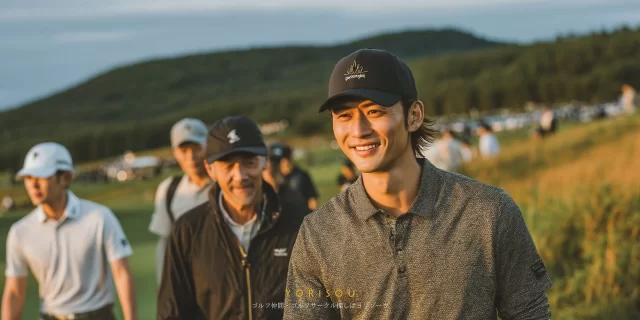 長崎市伊王島町のゴルフ場で、夕暮れのコースを背景に歩く40代男性ゴルファーが穏やかな表情を見せるバストアップ写真