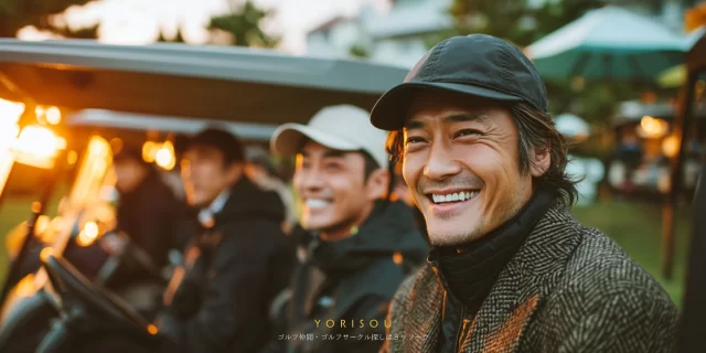 一宮市浅井町周辺のゴルフ場で、ゴルフウェア姿の男性ゴルファーがバストアップでカート付近に立ち、夕方のラウンド後に満足そうな笑顔を見せている様子
