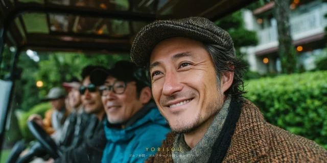 弘前市大清水エリア在住の40代男性ゴルファーが、仲間と一緒にカート付近で談笑しながらバストアップで写っているシーン