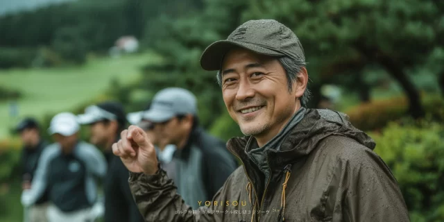 紀の川市貴志川町のゴルフ場で、雨天の中でもゴルフウェア姿でバストアップで写る男性ゴルファーが仲間に声をかけている自然な様子