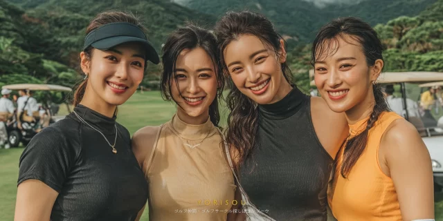 足立区梅島在住の30代女性4人がゴルフ場で並ぶバストアップ写真｜足立区梅島で女性ゴルフサークル参加イメージ