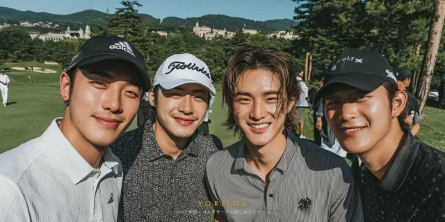 練馬区桜台二丁目エリアから参加した、30代〜40代の男性ゴルファー3人がゴルフウェア姿でラウンド後に笑顔を見せている様子