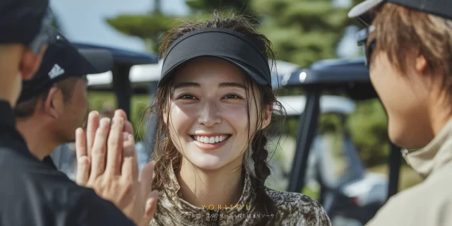 横浜市鶴見区方面のコースで、30代の男女ゴルファーが並んで写る自然なバストアップ写真