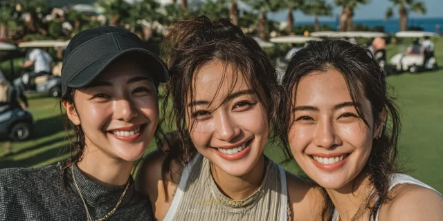 京都市右京区のゴルフ場で、20代〜30代の男女ゴルファー3人がラウンド中に自撮りした、ゴルフウェア姿の自然なバストアップ写真
