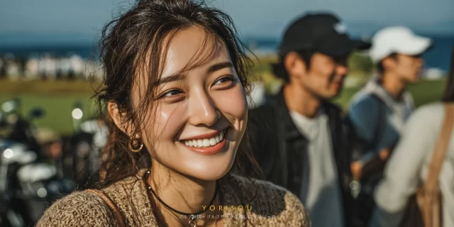 和歌山市内原のゴルフ場で、30代男性ゴルファーがゴルフウェア姿で仲間と談笑しているバストアップ写真、背景に緑豊かなフェアウェイ