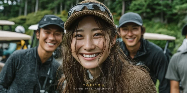 長崎市琴海村松町のゴルフ場で、仲間と談笑する30代女性ゴルファーが親しみやすい笑顔を見せるバストアップ写真