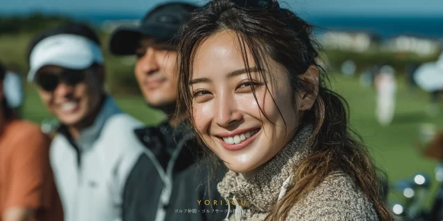 旭川市東旭川町の芝生エリアで、男女混合のゴルフ仲間が肩を寄せ合い、ラウンド後の達成感を感じさせるバストアップ写真