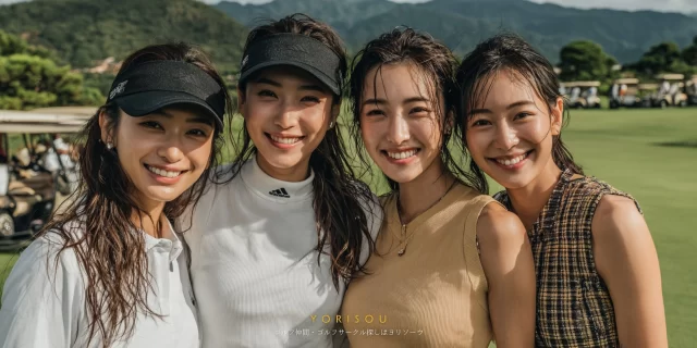 一宮市木曽川町里小牧エリアのゴルフ場で、ゴルフウェア姿の女性ゴルファー4人がバストアップで並び、練習後に和やかな雰囲気で写っている様子