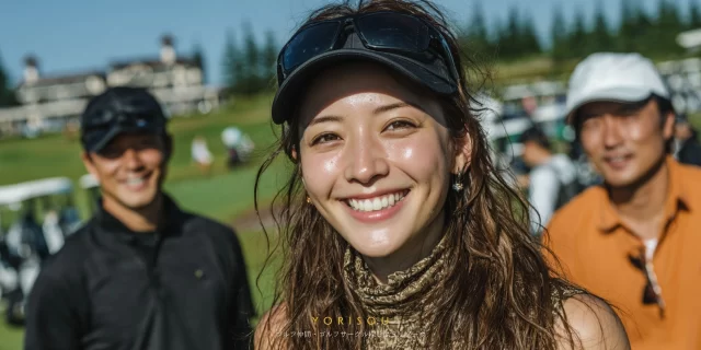 小牧市中央在住の30代〜40代女性ゴルファー4人が、ラウンド後に並んで撮影したバストアップ写真。女性同士でも参加しやすい小牧市のゴルフシーン。