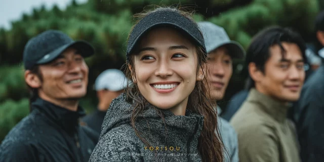 岩手県盛岡市本宮周辺のゴルフ場で、仲間の会話を聞きながら振り返る女性ゴルファーがバストアップで自然な表情を見せている様子