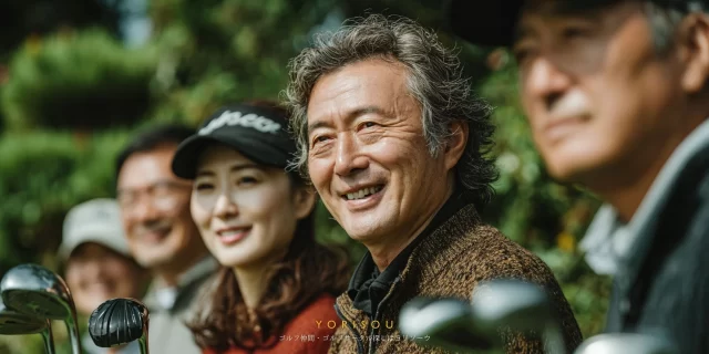 港区芝浦在住のシニア世代ゴルファーが、長年の付き合いのような落ち着いた関係で集まっている様子
