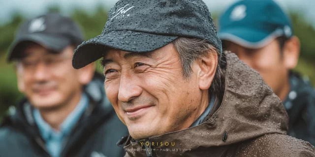 千葉県君津市のゴルフ場で、雨上がりの中、ゴルフウェア姿の男性ゴルファーがバストアップで写り、穏やかに笑って仲間の話を聞いている様子