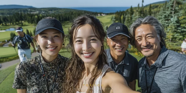 海老名市中新田在住のゴルファー4人が、ゴルフウェア姿でバストアップになり、同世代らしい落ち着いた雰囲気で笑顔を交わしている様子。