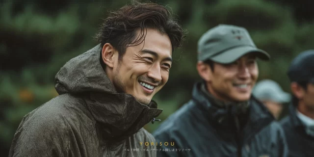 広島市中区近郊のゴルフ場で、ラウンド前に笑顔でハイタッチを交わす30代女性ゴルファーと仲間の様子