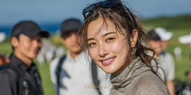 和歌山市木ノ本のゴルフ場で、30代女性ゴルファーがゴルフウェア姿でバストアップで写り、後方に仲間がいる安心感のある雰囲気の写真