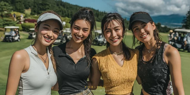 秋田市御所野エリア在住の女性ゴルファー4人が、ゴルフウェア姿で並び、ラウンド後に達成感のある笑顔を見せているバストアップ写真