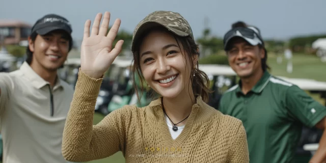 大田区西蒲田七丁目周辺の生活圏から集まったゴルファーが、ゴルフウェア姿でラウンド中に声を掛け合い、気軽に続けられる関係性を感じさせる様子