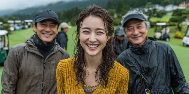 甲府市国母町近郊のゴルフ場で、シニア世代の男女ゴルファーがゴルフウェア姿でバストアップに写り、和やかに談笑している場面