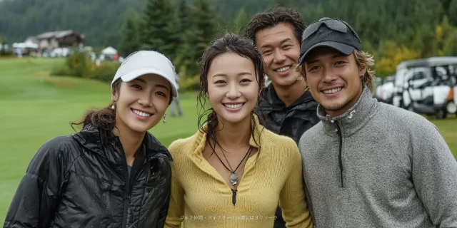 岐阜市長良古津の山あいのゴルフコースで、年代の異なる男女ゴルファーがラウンド後に集まった記念写真