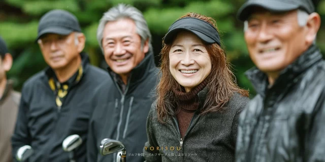 和歌山市紀三井寺方面のゴルフ場で、50代女性ゴルファーがゴルフウェア姿で穏やかに微笑むバストアップ写真、同年代の仲間が後方に写っている様子
