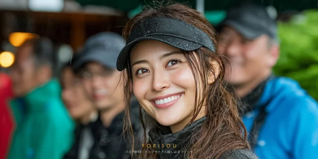 松山市道後緑台周辺のゴルフ場にて、20代〜40代の男性ゴルファーがフェアウェイを背に、親しみやすい雰囲気で並ぶバストアップの集合写真